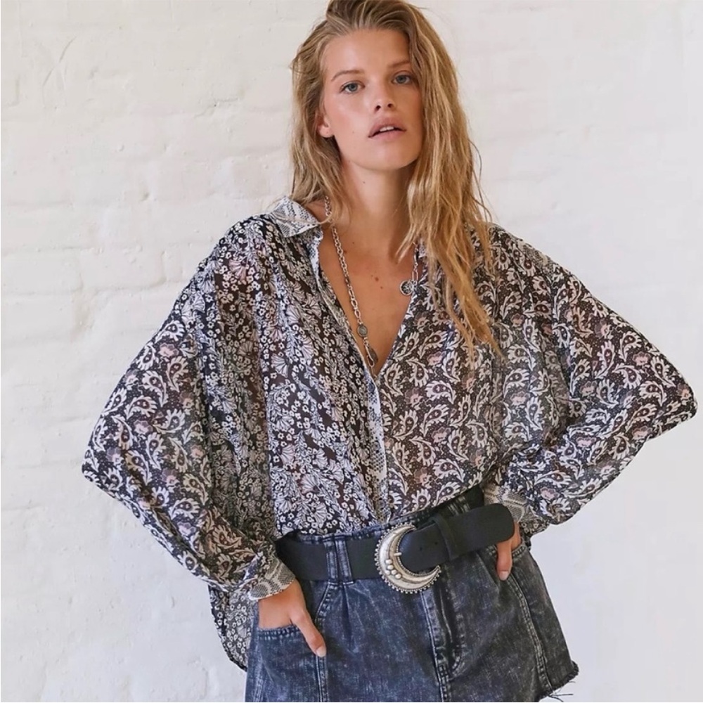 Free People Dani Button-Up Shirt Gauze Semi-Sheer Patterned Women’s Small